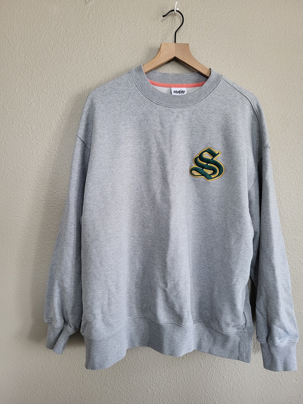 Staple Light Gray Men's Crewneck Sweatshirt with Green & Gold Logo Medium